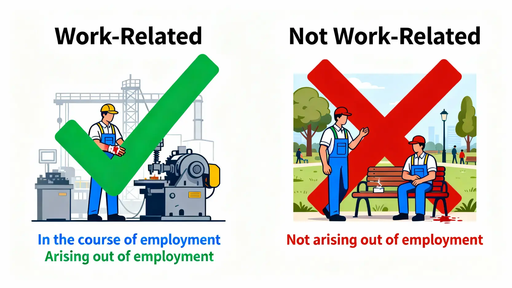 一張圖解釋工傷認定的兩大原則，對比在工廠因機器受傷（屬工傷）與午休時因私人爭執受傷（非工傷）的場景。