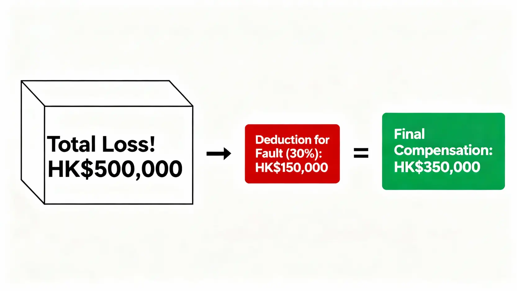 過失相抵原則計算範例圖，顯示總損失如何因分攤責任而被扣減。