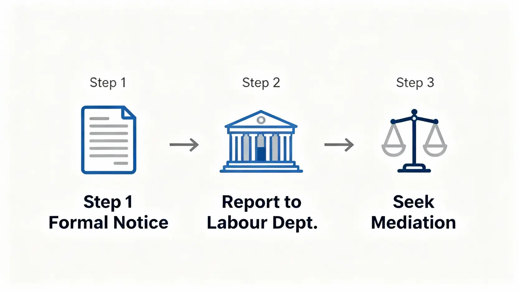 工傷遭僱主質疑時的應對流程圖，包含書面通知、向勞工處呈報及尋求調解三個步驟。