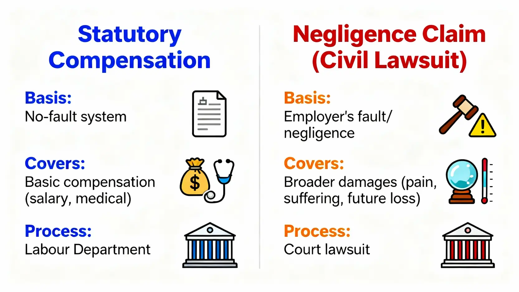 圖表比較《僱員補償條例》法定補償與疏忽賠償(民事索償)的主要分別。