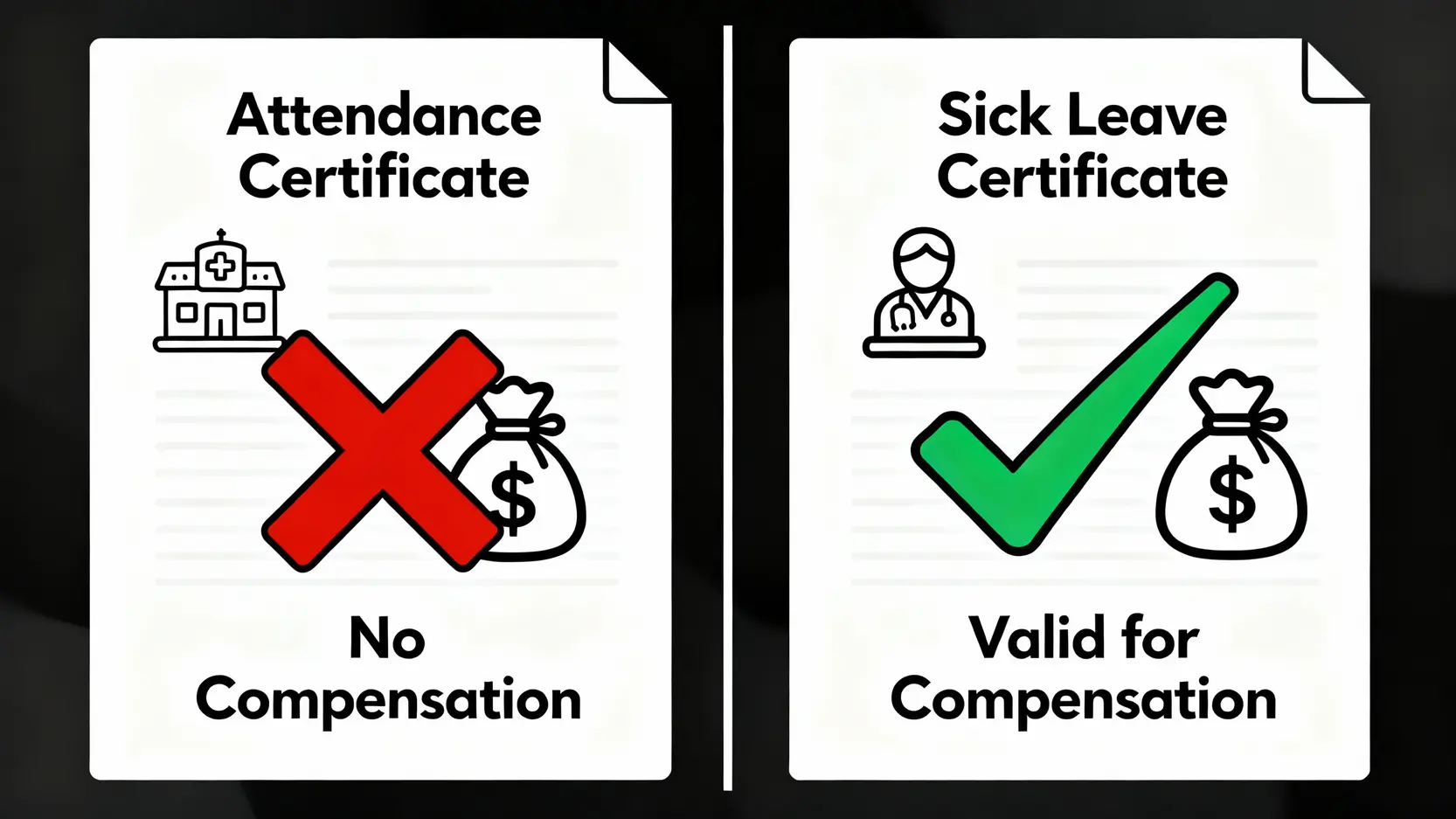 一張對比圖,顯示工傷索償中「到診紙」與「病假紙」的法律效力區別。