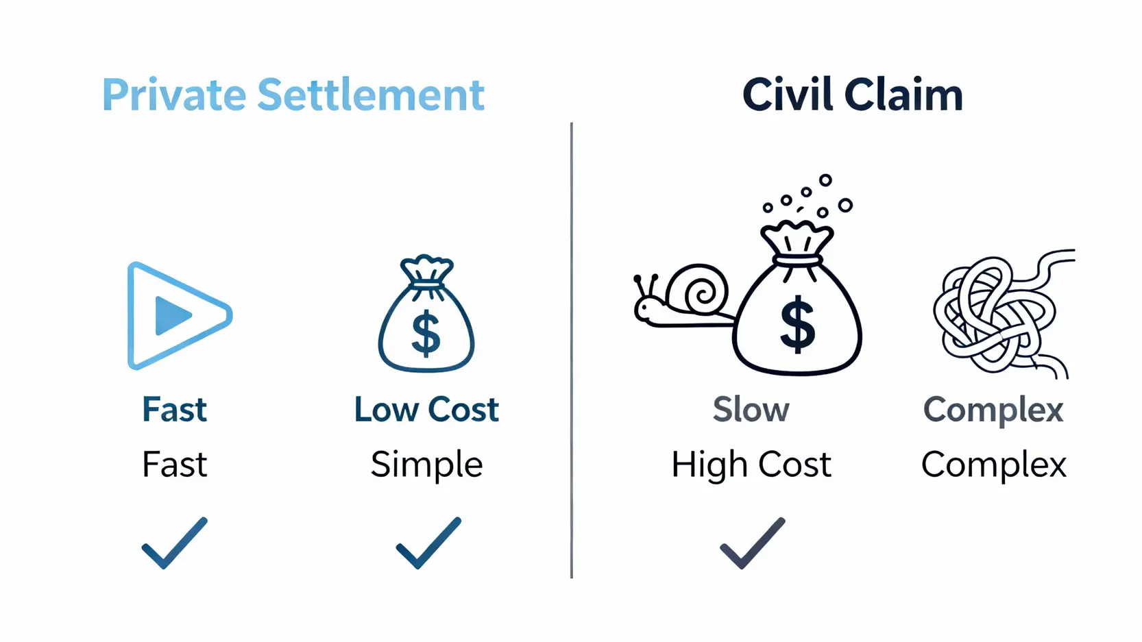 私下和解與民事索償對比圖，以圖像化方式展示兩者在時間、金錢和程序複雜度上的核心差異。