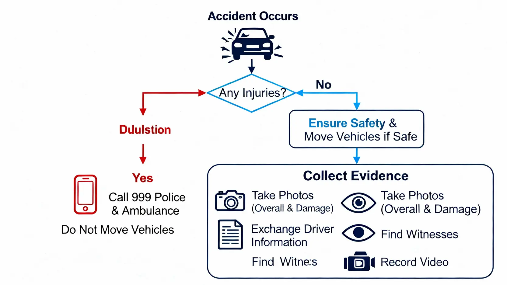 交通意外處理流程圖，展示從確保安全、報警判斷到現場證據搜集的步驟。