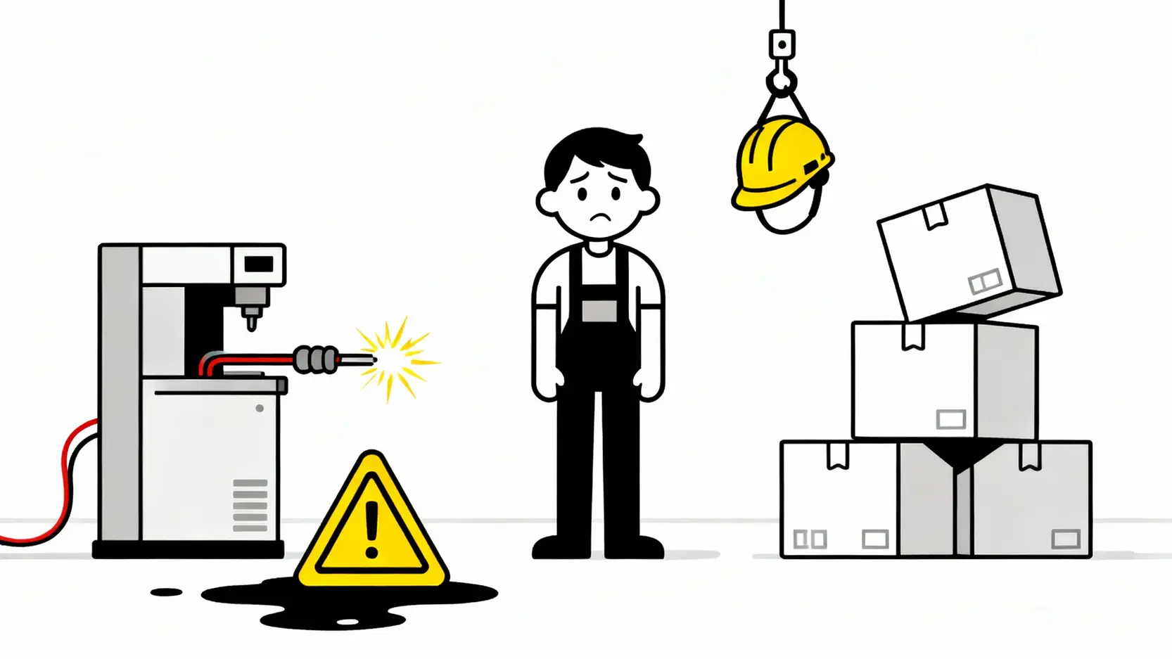 「工傷疏忽索償」點只攞4/5糧?普通法索償全攻略(計算、分別、時限) 5 一張概念示意圖,展示多種常見的僱主疏忽情況,例如地面濕滑、設備失修及缺乏安全裝備。