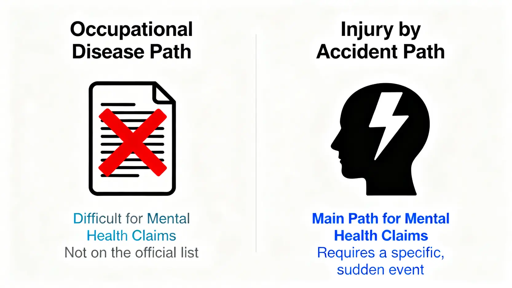 【工傷精神病賠償指南】工作壓力引致情緒病?5步教你成功索償 3 一張圖表對比《僱員補償條例》下,精神健康索償的兩種路徑:「職業病」途徑通常不適用,而「因工遭遇意外」是主要突破口。