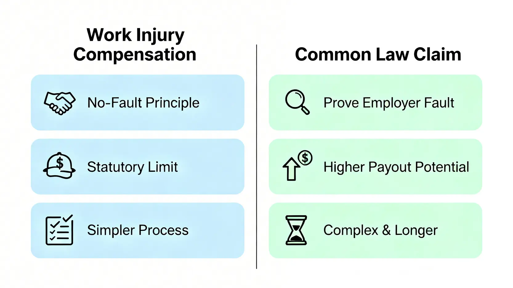 工傷判傷程序全攻略:勞工處流程、後續安排及上訴權益指南 4 工傷賠償與普通法疏忽索償的對比圖,顯示兩者在原則、賠償額及程序上的分別。