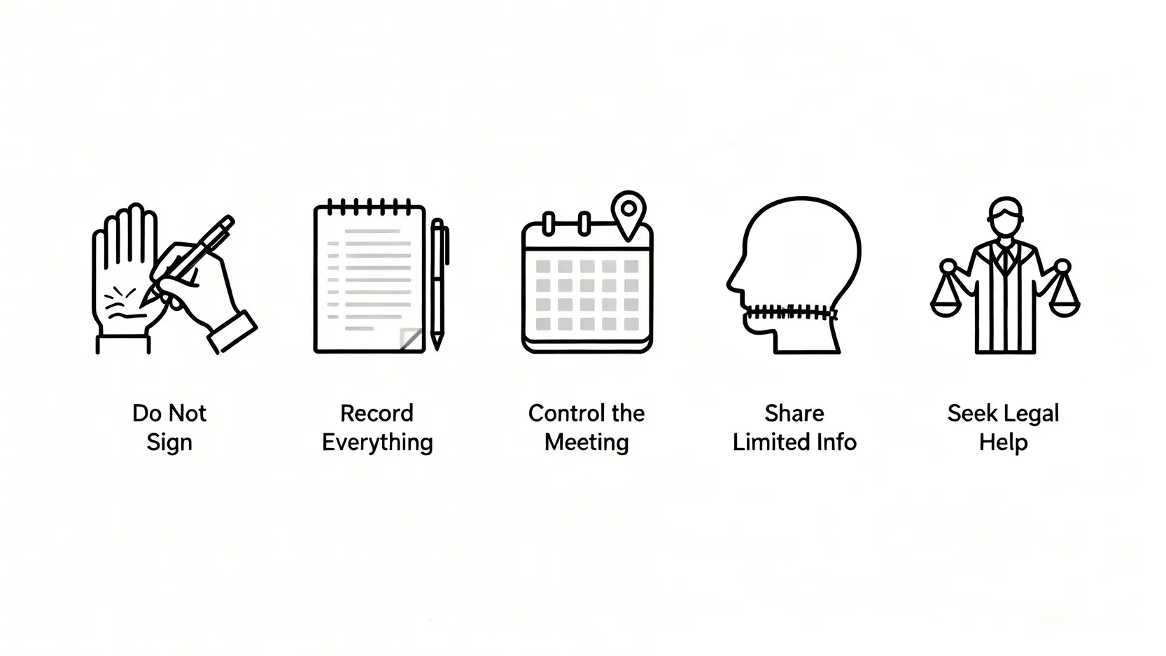 工傷公證行角色大拆解:應對策略、評估報告、權力限制全攻略 5 一張資訊圖表,展示應對保險公證行的五大策略,包括謹慎簽署文件、記錄對話、尋求專業協助等。