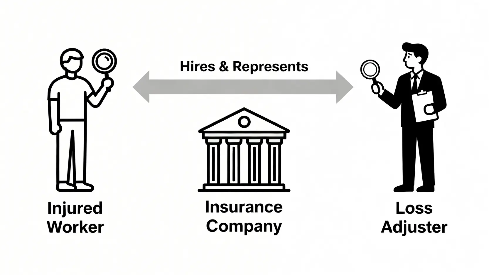 工傷公證行角色大拆解:應對策略、評估報告、權力限制全攻略 3 一張圖表解釋工傷索償中各方關係,顯示保險公證行是代表保險公司,而非中立第三方。