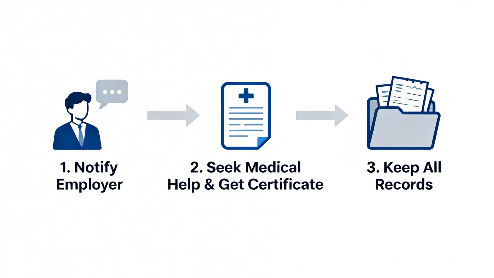 【工傷處理程序】申報、跟進、賠償全攻略:一文看清工傷點搞 3 工傷處理黃金三步驟流程圖,包括通知僱主、求醫並索取證明、以及保存所有紀錄。