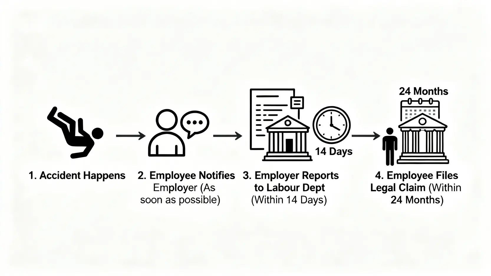 工傷索償流程與時限時間軸，從意外發生、通知僱主，到僱主14天內呈報，及僱員24個月內提出法律索償的完整步驟。