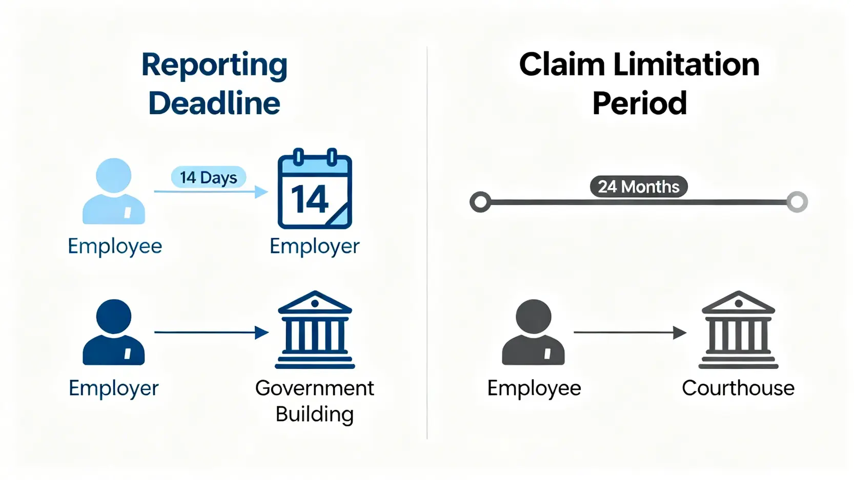 工傷申報期限與工傷索償時效的對比圖，展示了14天內需由僱主呈報勞工處，及24個月內需由僱員向法院提出索償的區別。