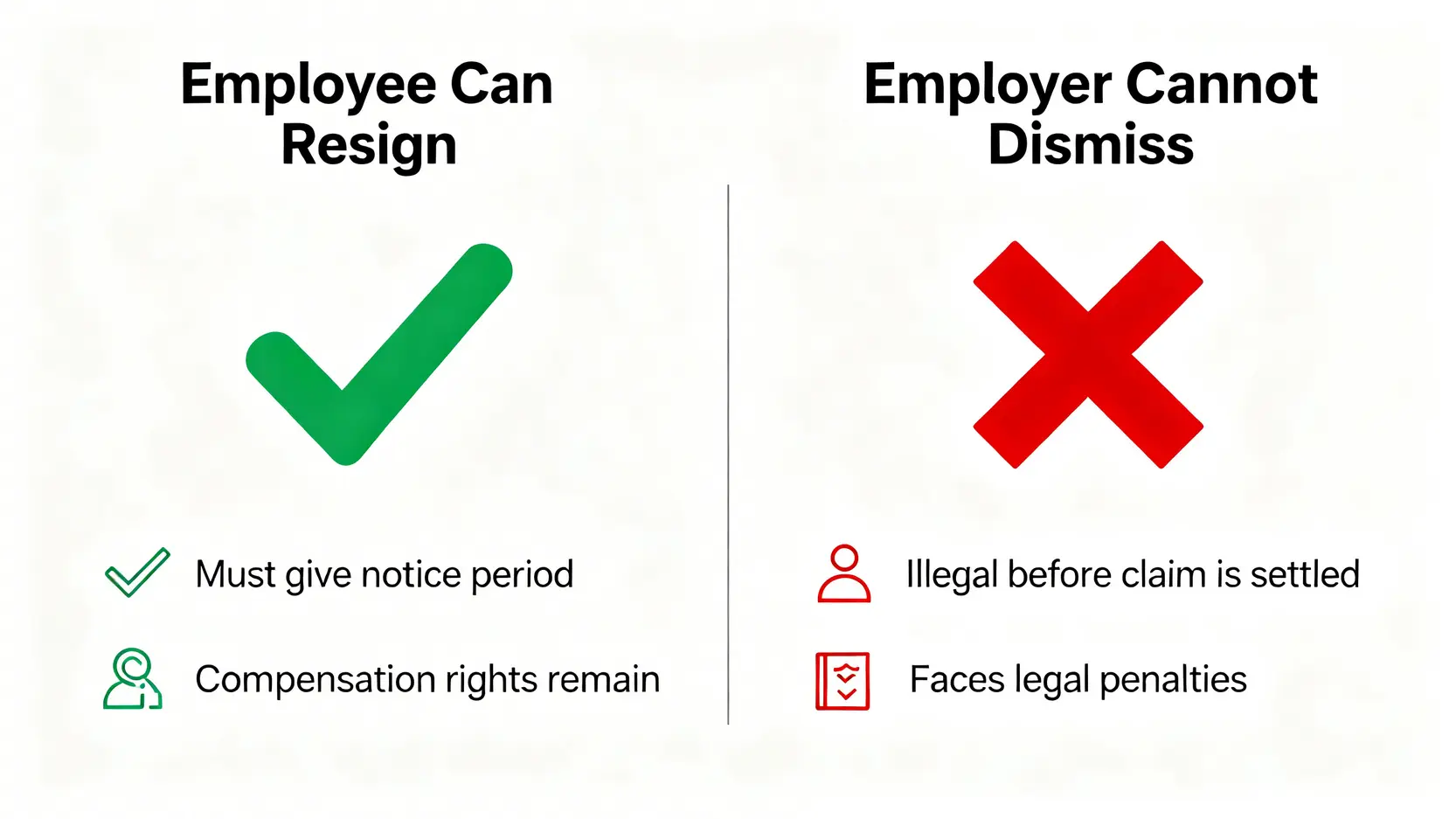 一張對比圖，展示工傷期間僱員可以辭職但僱主不可隨意解僱的法律規定。