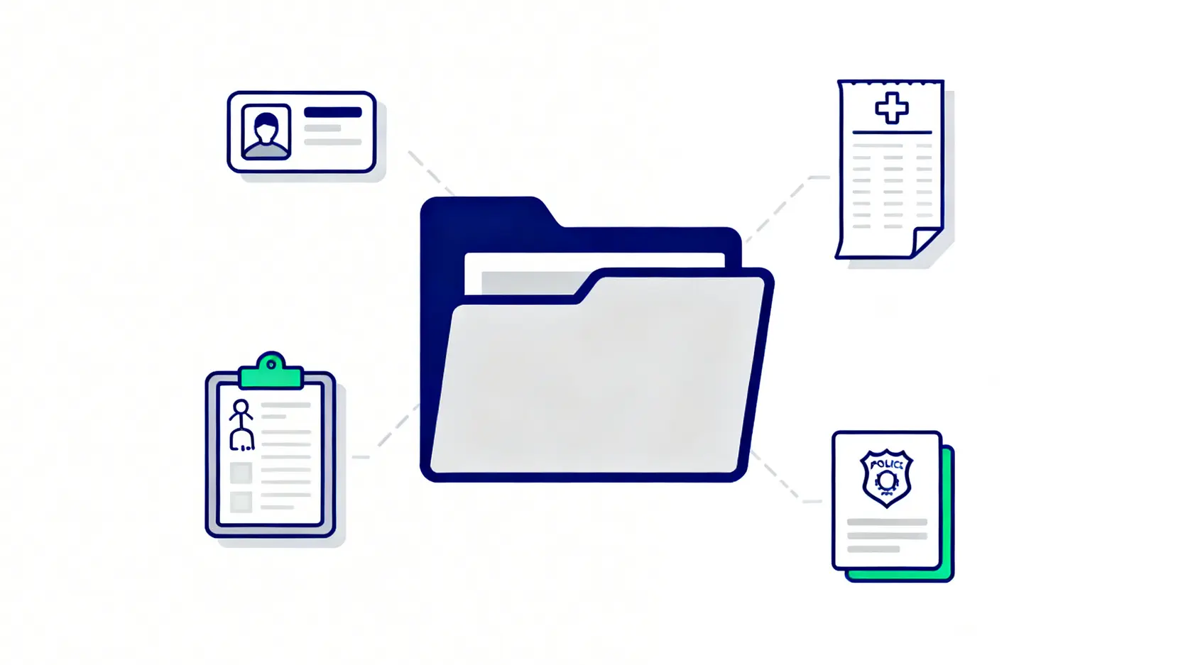 申請AIA意外索償所需的核心文件示意圖,包括身份證、醫療收據、醫生報告和警方報告。