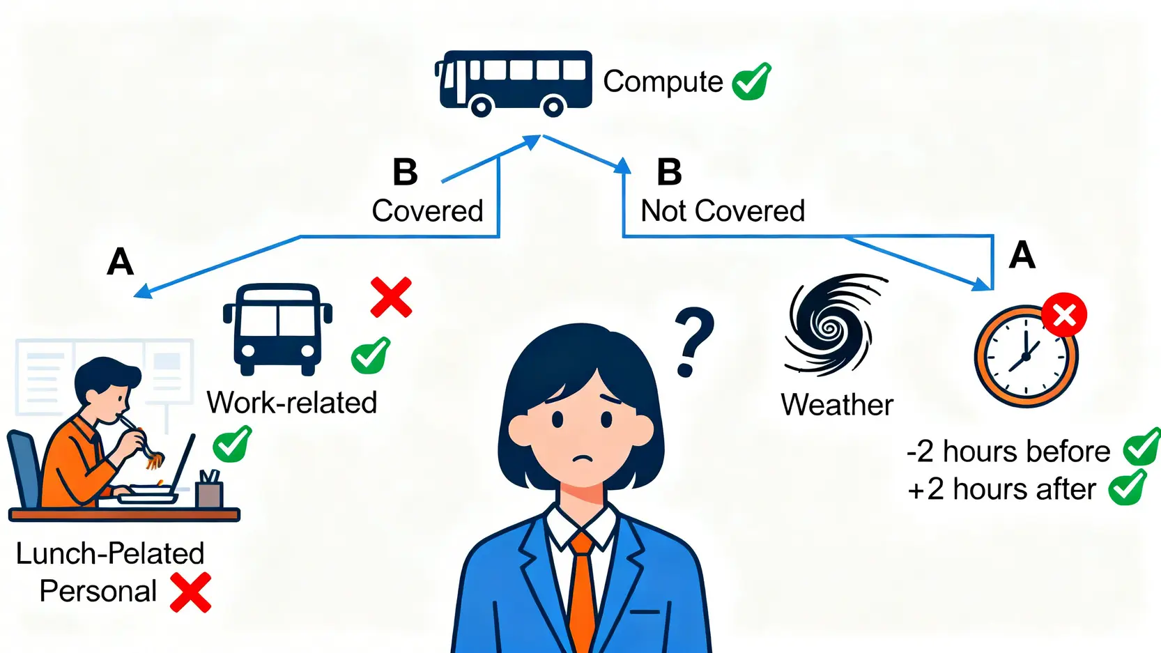 一個圖表解釋在香港，上下班、惡劣天氣及午膳時間受傷是否屬於工傷的判斷條件。