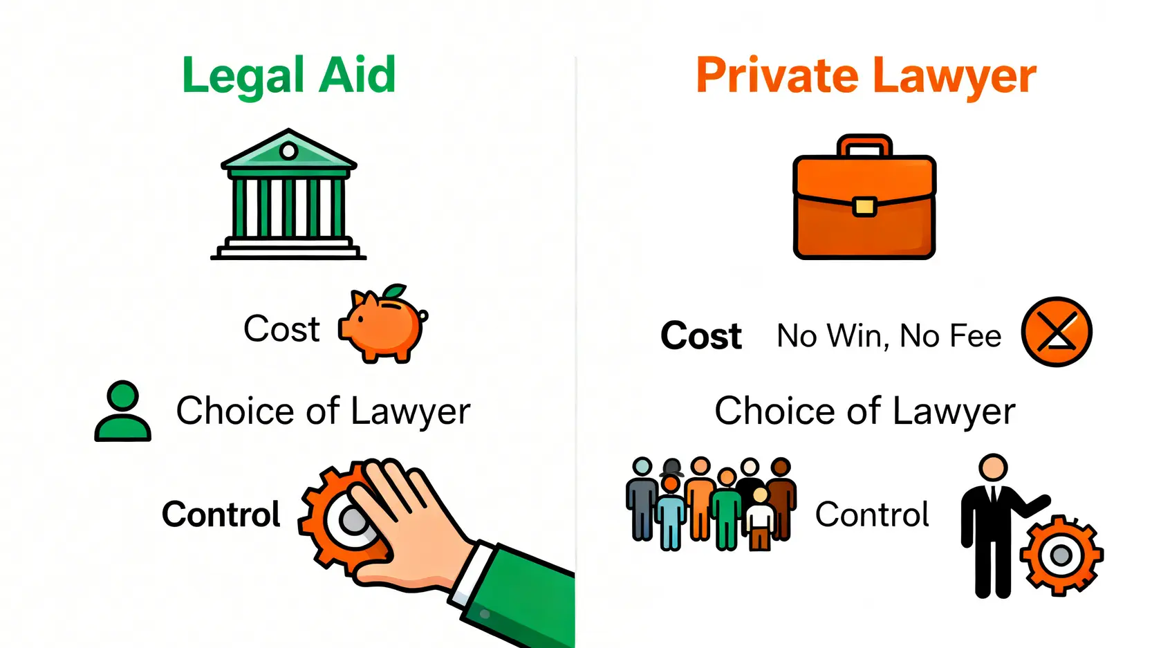 工傷唔和解點算?2026申請法援、搵律師程序及索償全攻略 4 一張對比圖,比較申請法援與聘請私人律師在經濟門檻、律師選擇權及案件主導權上的主要分別。