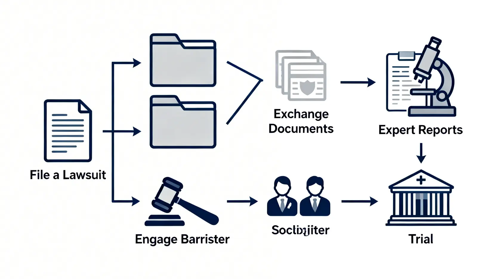 工傷唔和解點算?2026申請法援、搵律師程序及索償全攻略 5 工傷索償訴訟流程圖,展示從入稟法院、交換文件、準備專家報告到最終審訊的主要階段。