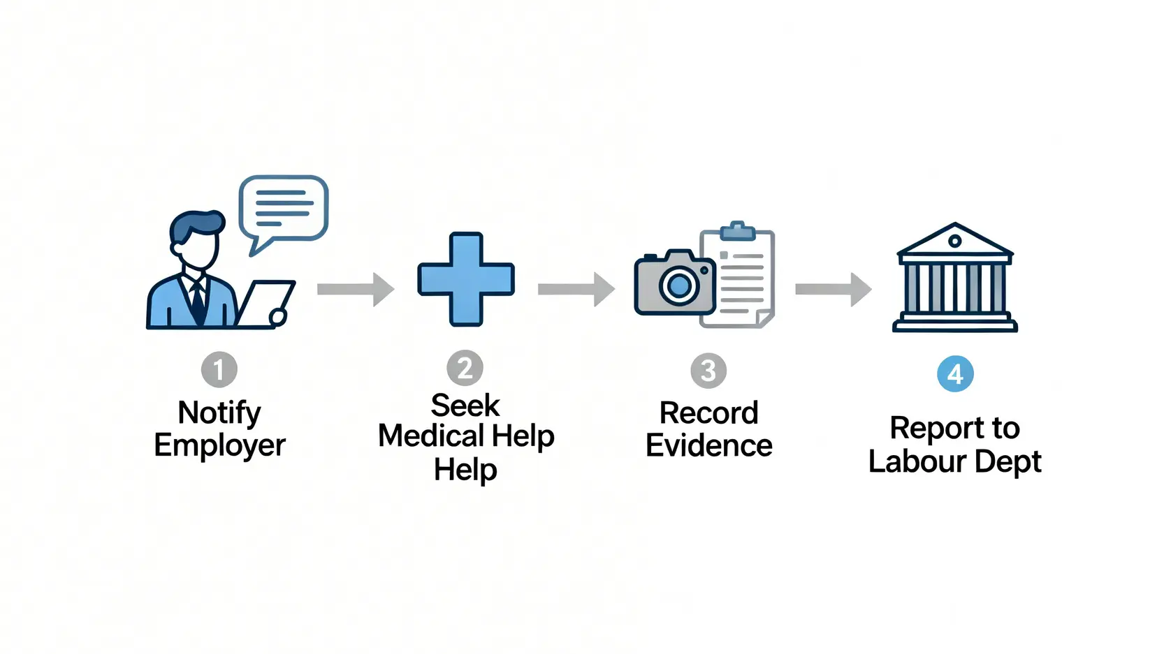 工傷唔和解點算?2026申請法援、搵律師程序及索償全攻略 3 工傷意外後必須採取的四個關鍵步驟流程圖,包括通知僱主、求醫、記錄證據和呈報工傷。