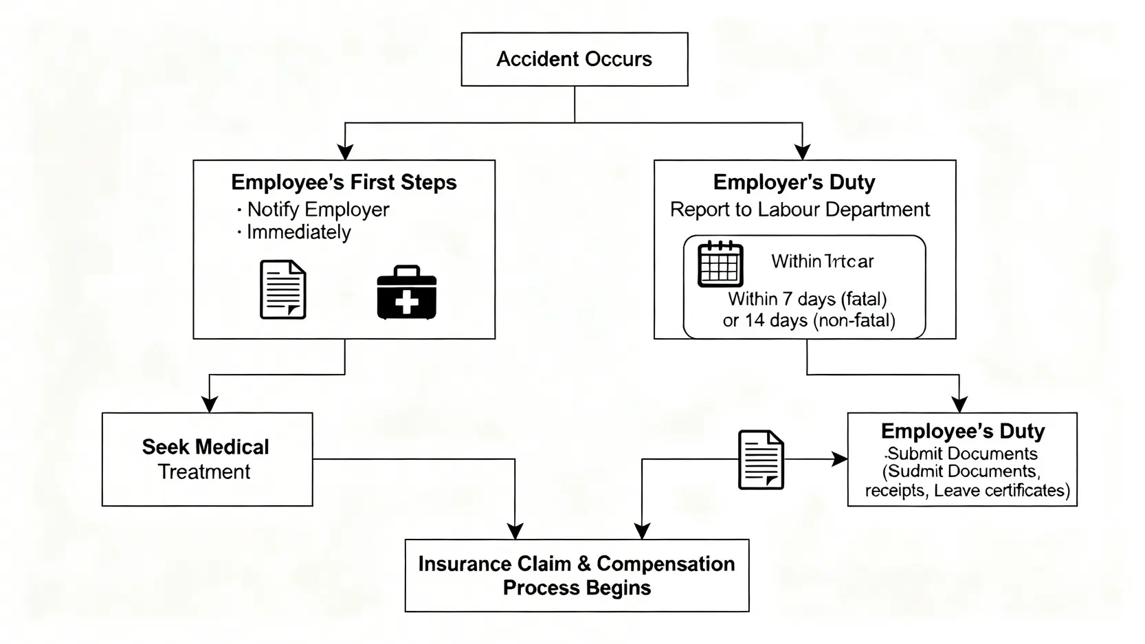 【工傷條例懶人包2026】僱員補償條例5大重點:勞工保險、僱主責任、索償程序一文看清 4 一張清晰展示工傷發生後處理步驟的流程圖,包含僱員通知、求醫,以及僱主呈報的法定期限。
