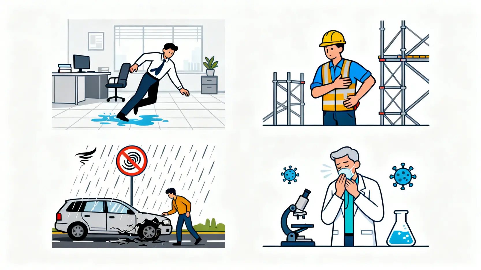 【工傷條例懶人包2026】僱員補償條例5大重點:勞工保險、僱主責任、索償程序一文看清 3 一張圖解釋四種常見的工傷情況,包括辦公室意外、地盤受傷、惡劣天氣下通勤意外及職業病。