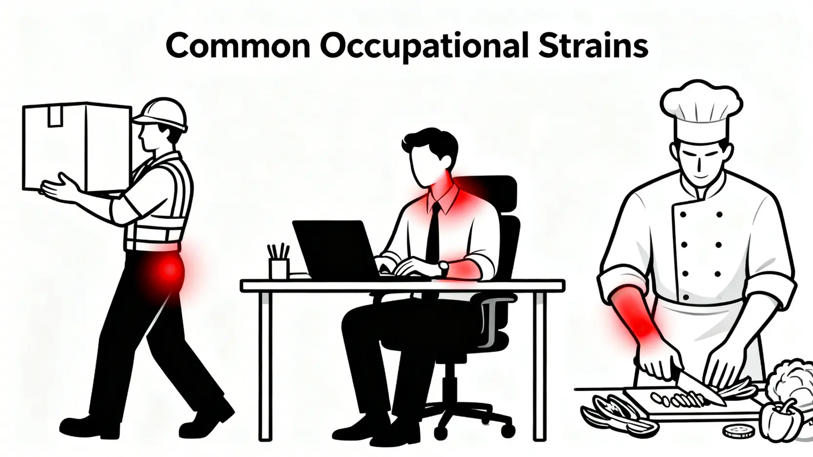 【職業勞損工傷全攻略】肌肉勞損、腰痛算唔算工傷?一文睇清定義、索償流程及權益 4 不同職業常見的肌肉勞損工傷部位示意圖。