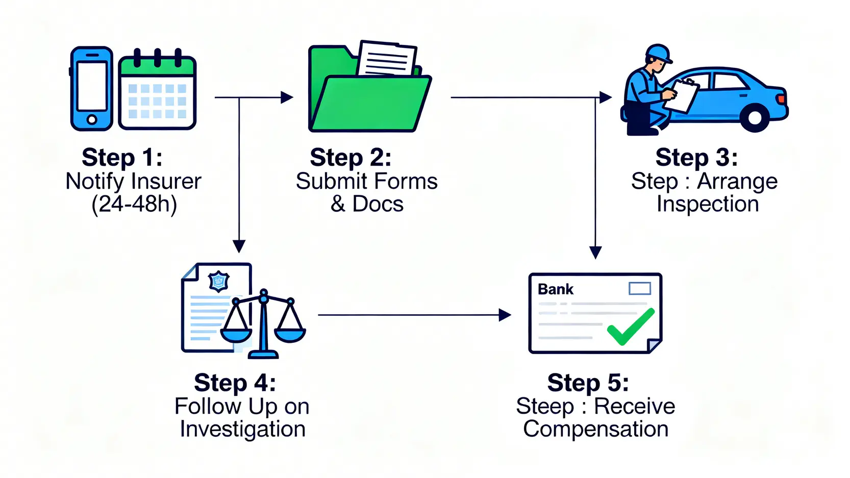 汽車保險索償五個步驟的流程圖,從通知保險公司到獲取賠償。