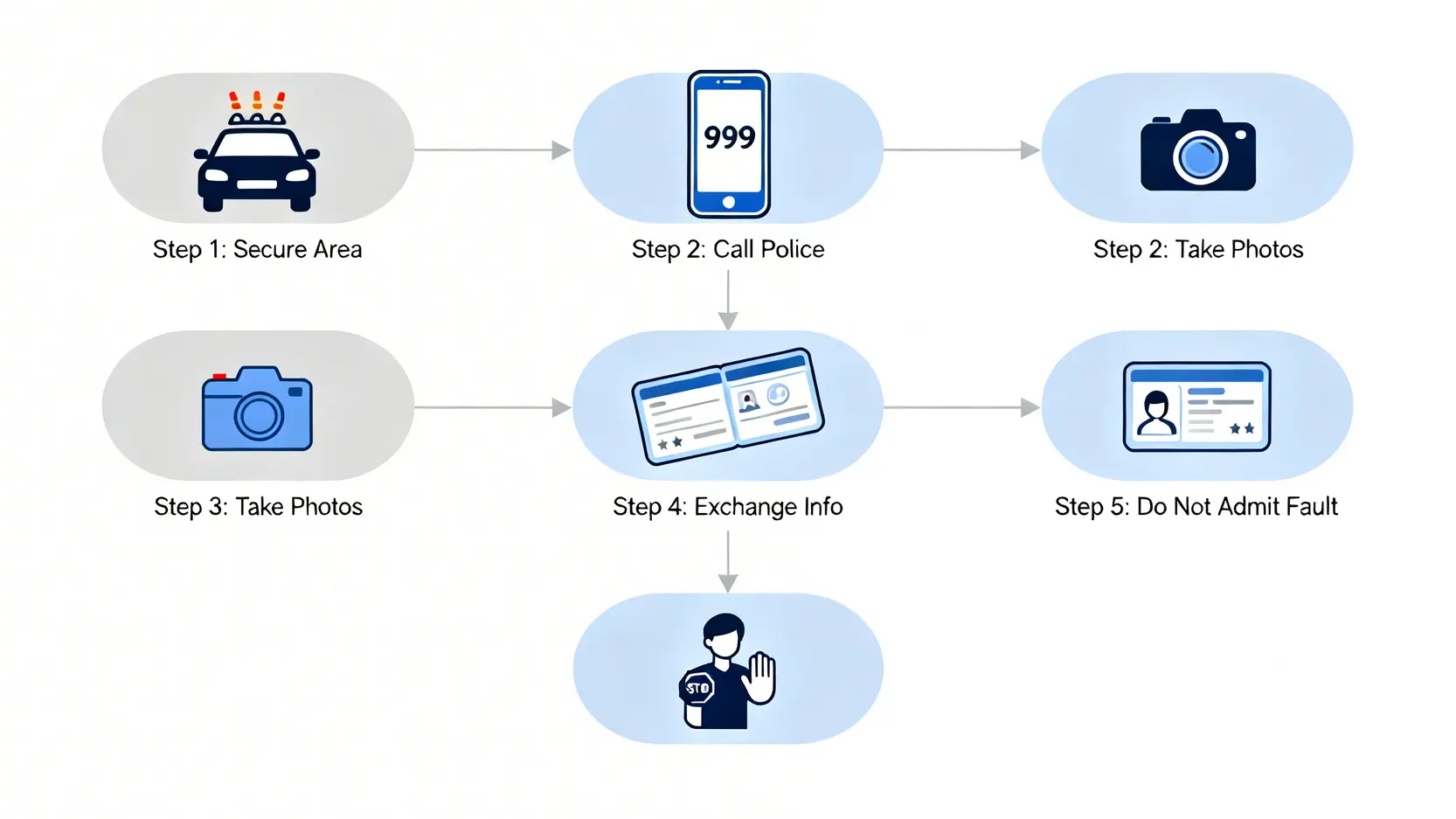 交通意外處理五步驟流程圖,包括確保安全、報警、拍照、交換資料及切勿承認責任。