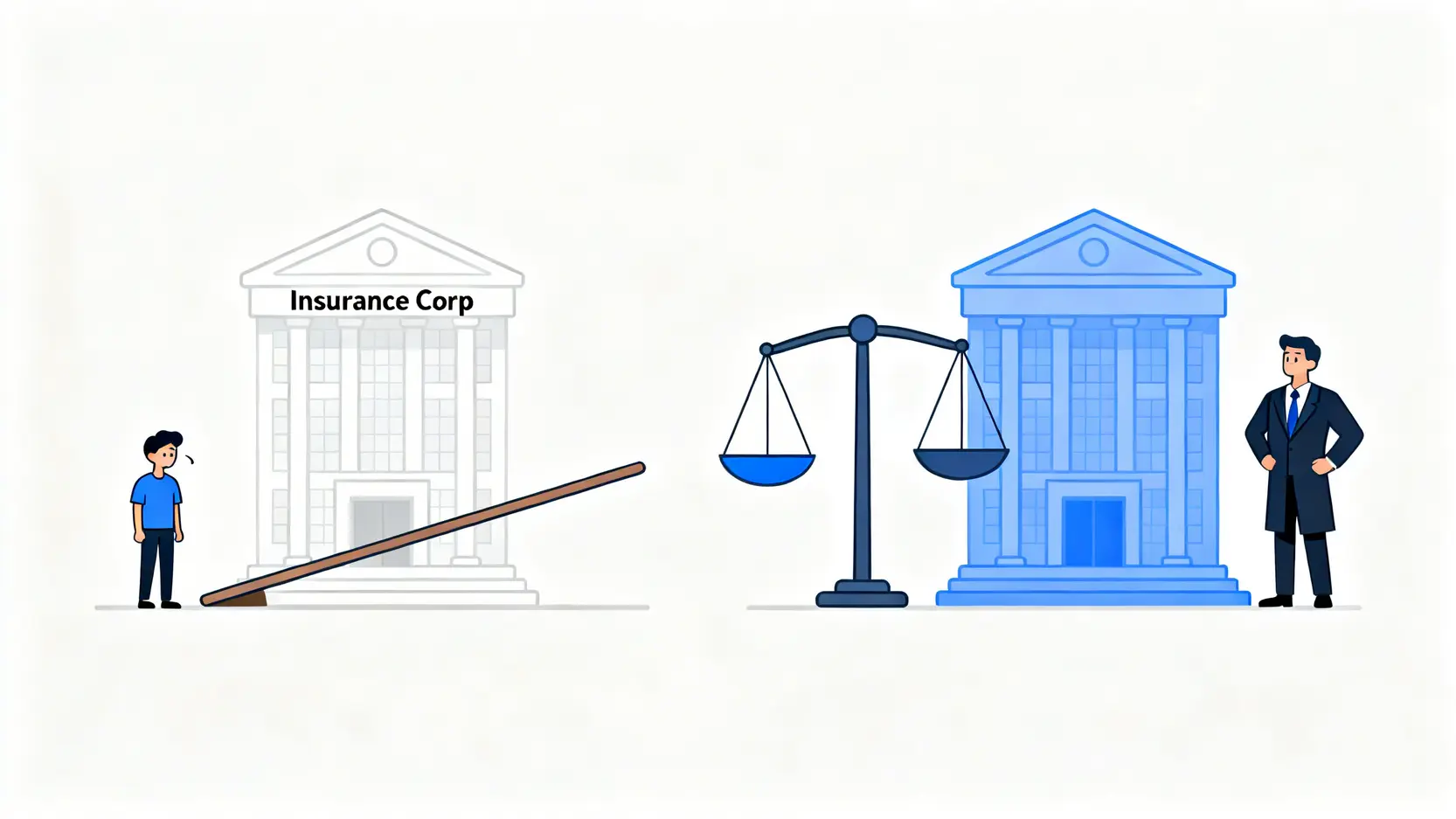 一張對比圖,顯示在與保險公司談判時,有律師協助能達至公平,無律師則處於劣勢。