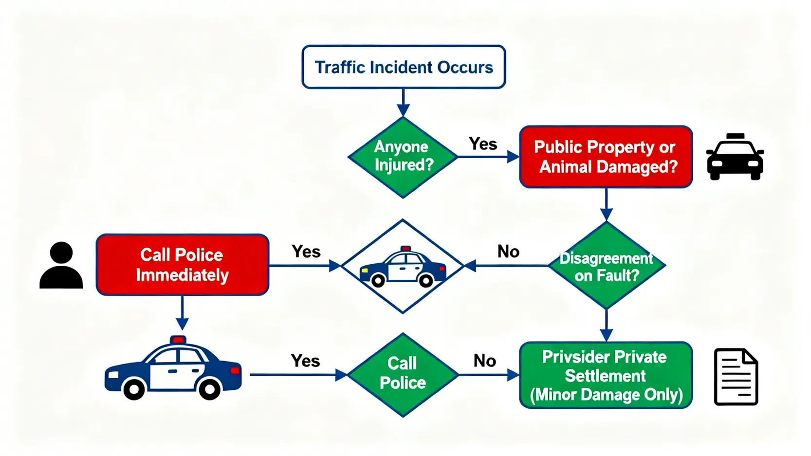 交通意外後處理流程圖,指導司機判斷應私下和解還是報警。