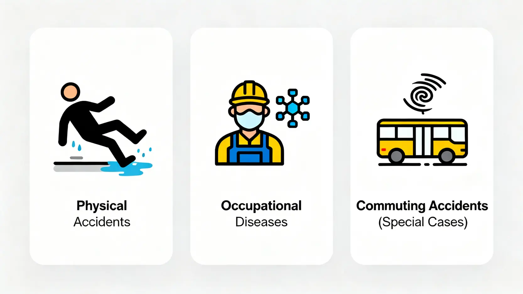 僱員補償條例全解構:一文看懂勞工保險、工傷定義分類與索償程序 4 圖示工傷的三大分類:身體受傷的意外事故、指定的職業病,以及特定情況下的上下班交通意外。