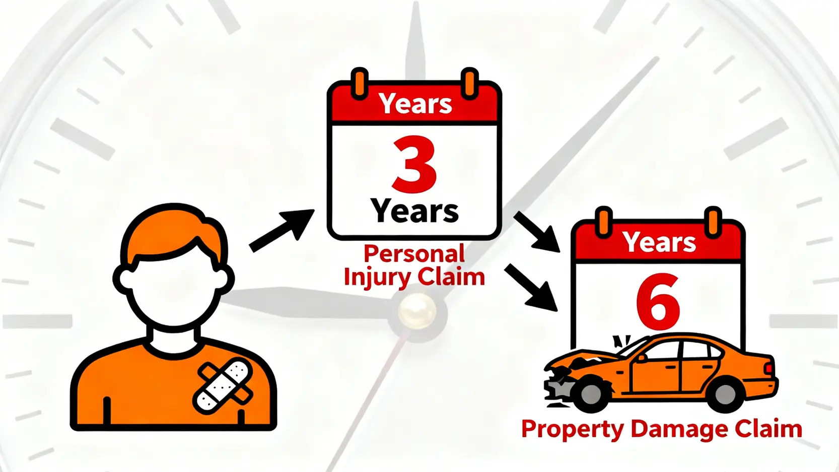 圖解交通意外索償時限,人身傷亡索償時限為3年,財物損失索償時限為6年。