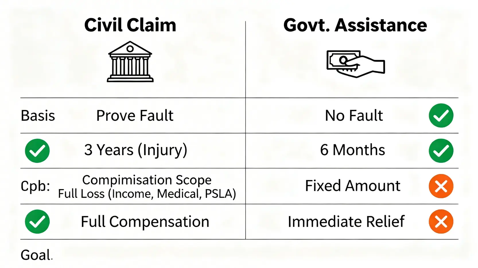 圖表比較民事索償與政府交通意外傷亡援助計劃(車手獎)在索償基礎、時限、賠償範圍及目標上的分別。