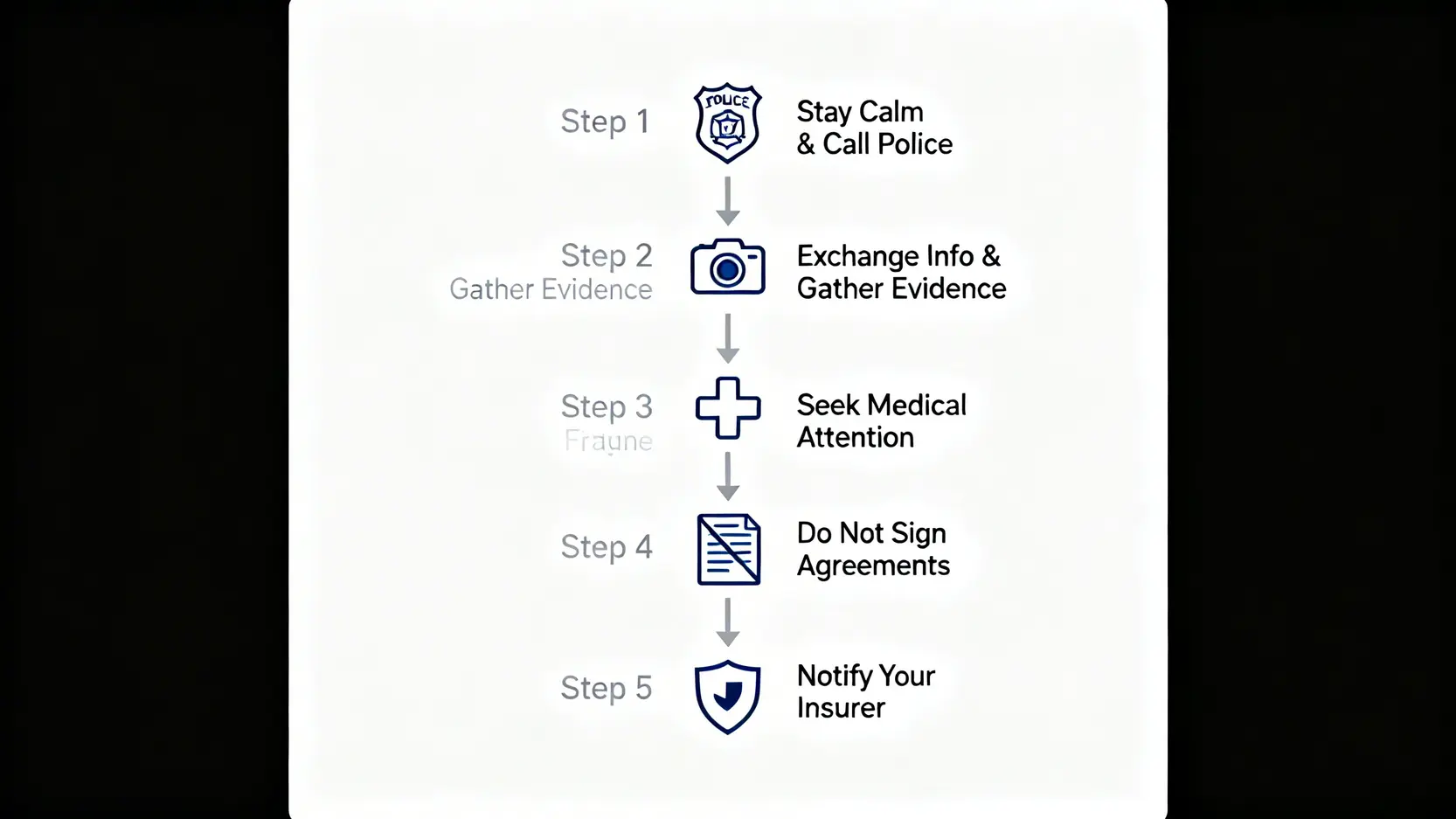 交通意外後的黃金處理五個步驟流程圖,包括報警、搜證、求醫、不簽署和解及通知保險。