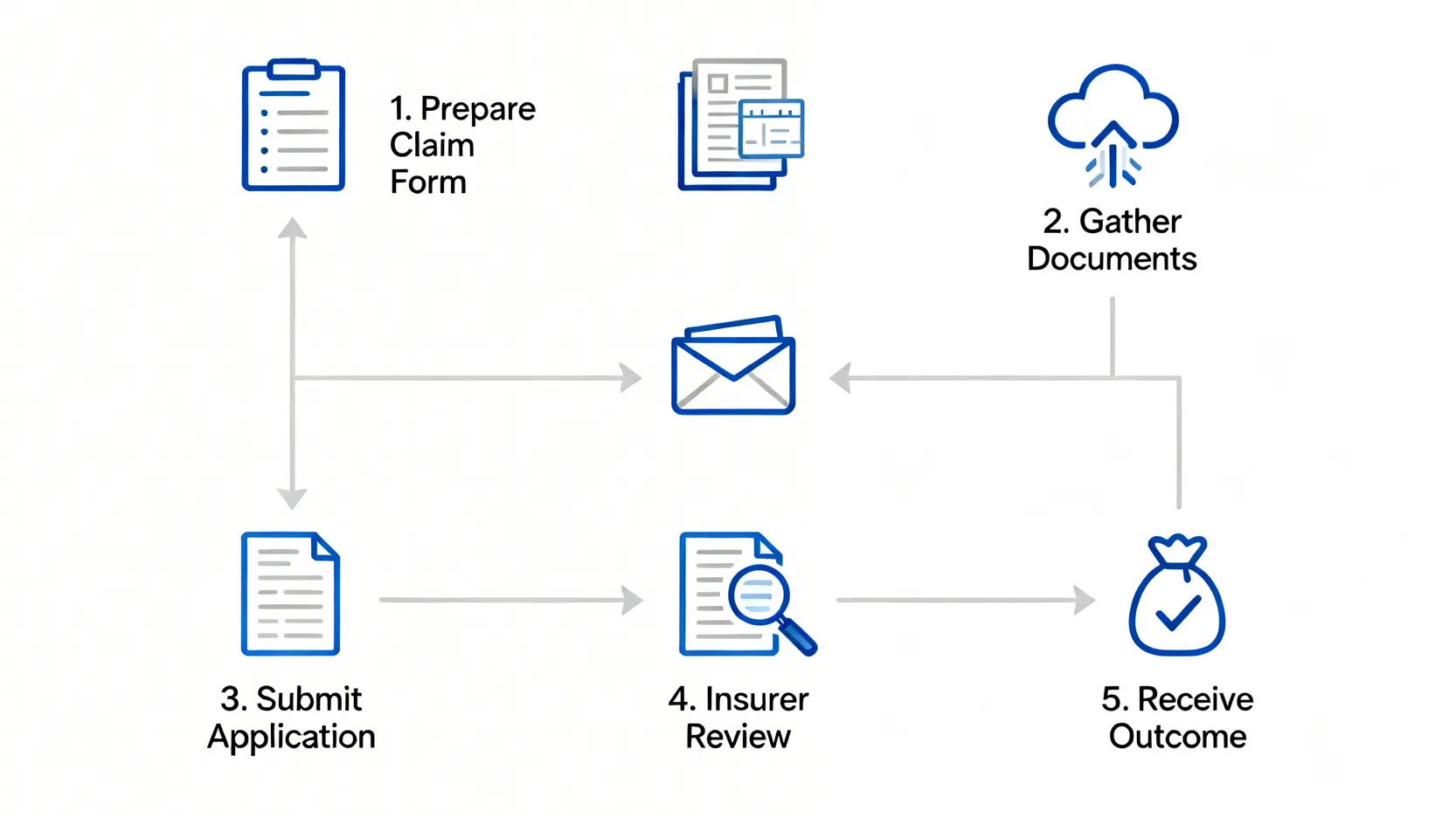 一張展示保險索償五大步驟的流程圖，從準備索償表格開始，到集齊文件、遞交申請、保險公司審核，最終收到賠償結果。