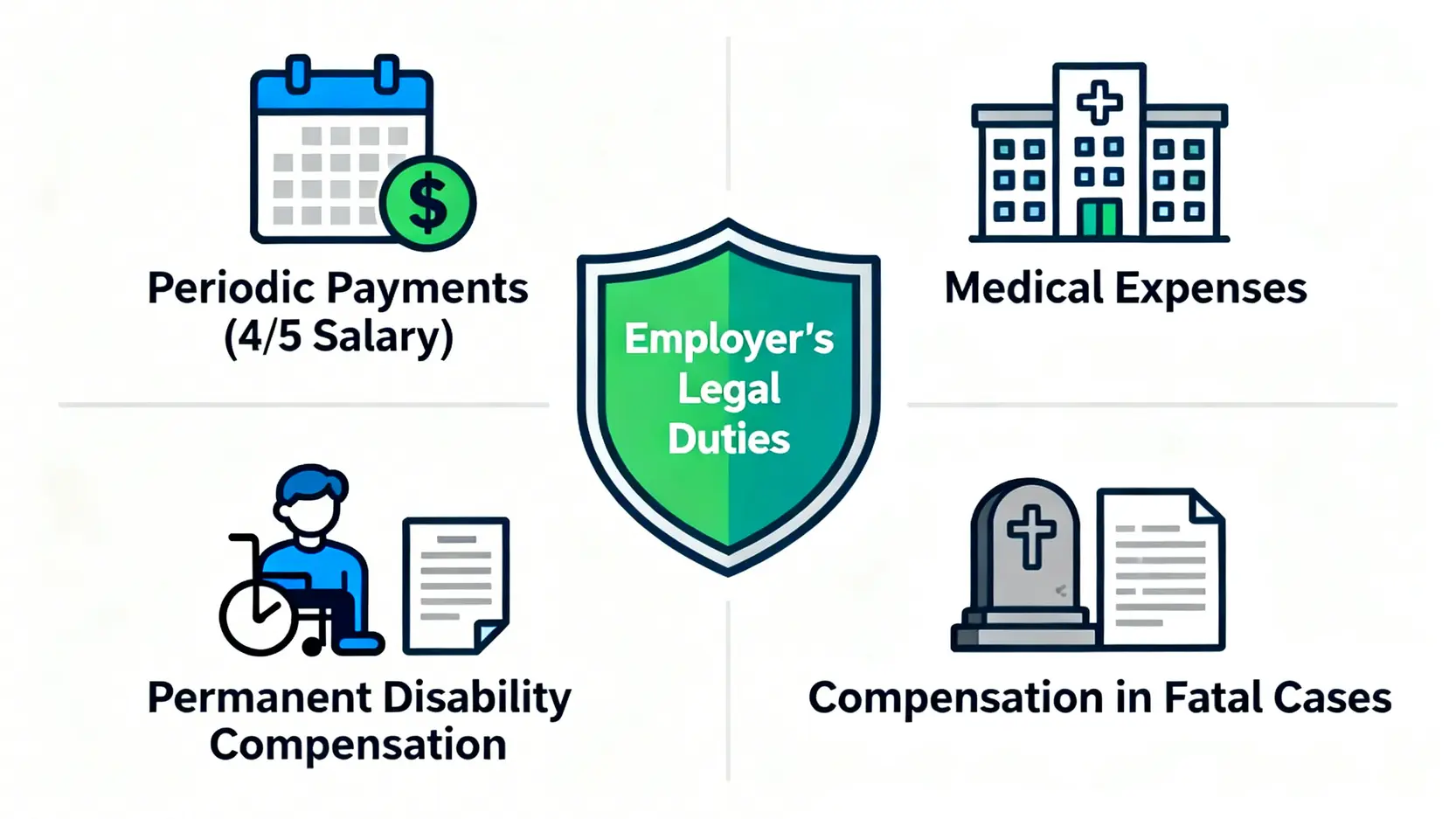 僱主在僱員補償條例下的四項主要責任示意圖,包括支付按期付款、醫療費用、永久傷殘補償和死亡補償。