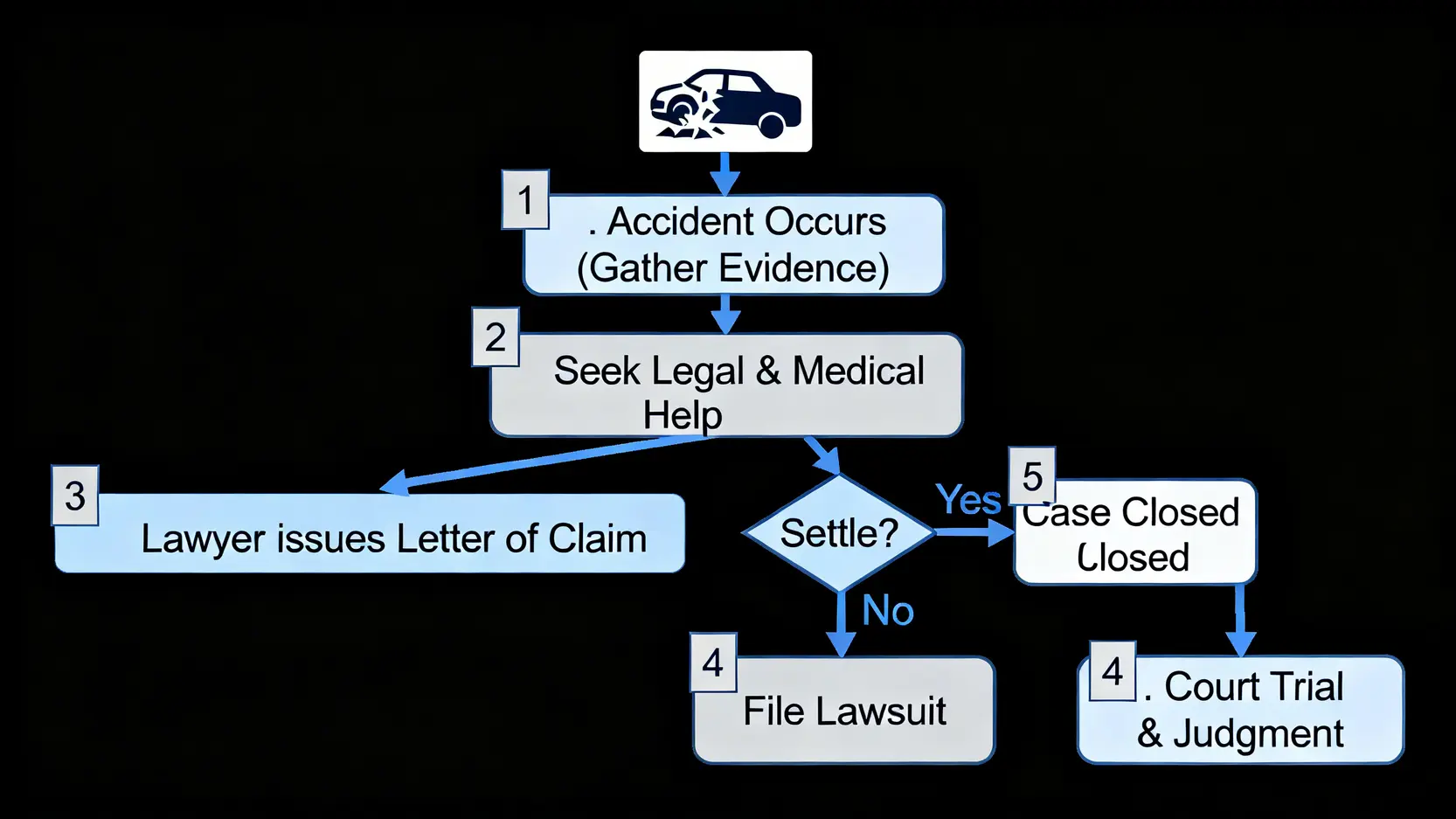 人身傷亡賠償金額點計?律師教你計盡交通意外、疏忽索償應得賠償 5 交通意外疏忽索償的五個步驟流程圖,從意外發生、尋求協助、發律師信、協商到法庭審訊。