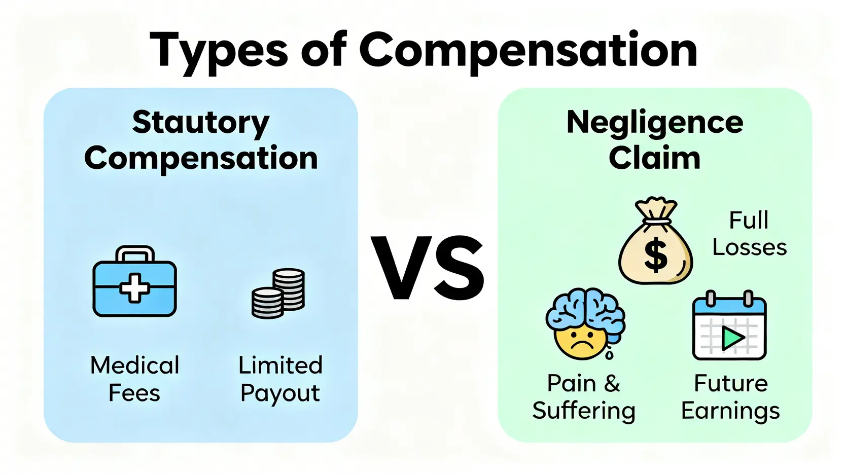 香港工傷案例分析:5大成功個案看疏忽索償與意外報告關鍵 2 圖表對比工傷賠償與疏忽索償的區別,顯示疏忽索償涵蓋更全面的賠償項目。