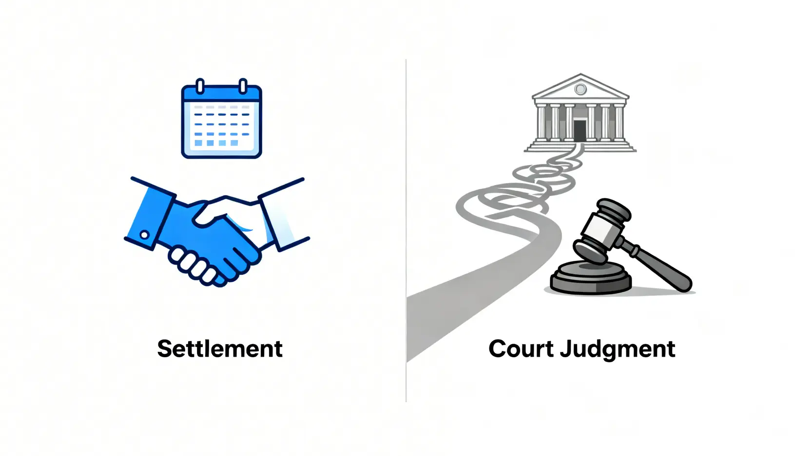 工傷和解與法庭判決的優缺點對比圖,顯示和解過程更快捷,而法庭判決則更漫長複雜。
