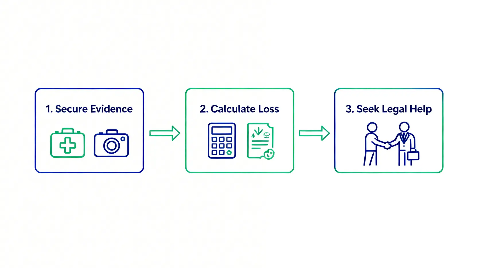 成功向僱主提出疏忽索償的三個步驟流程圖，包括第一步蒐集證據，第二步計算損失，第三步尋求專業律師協助。