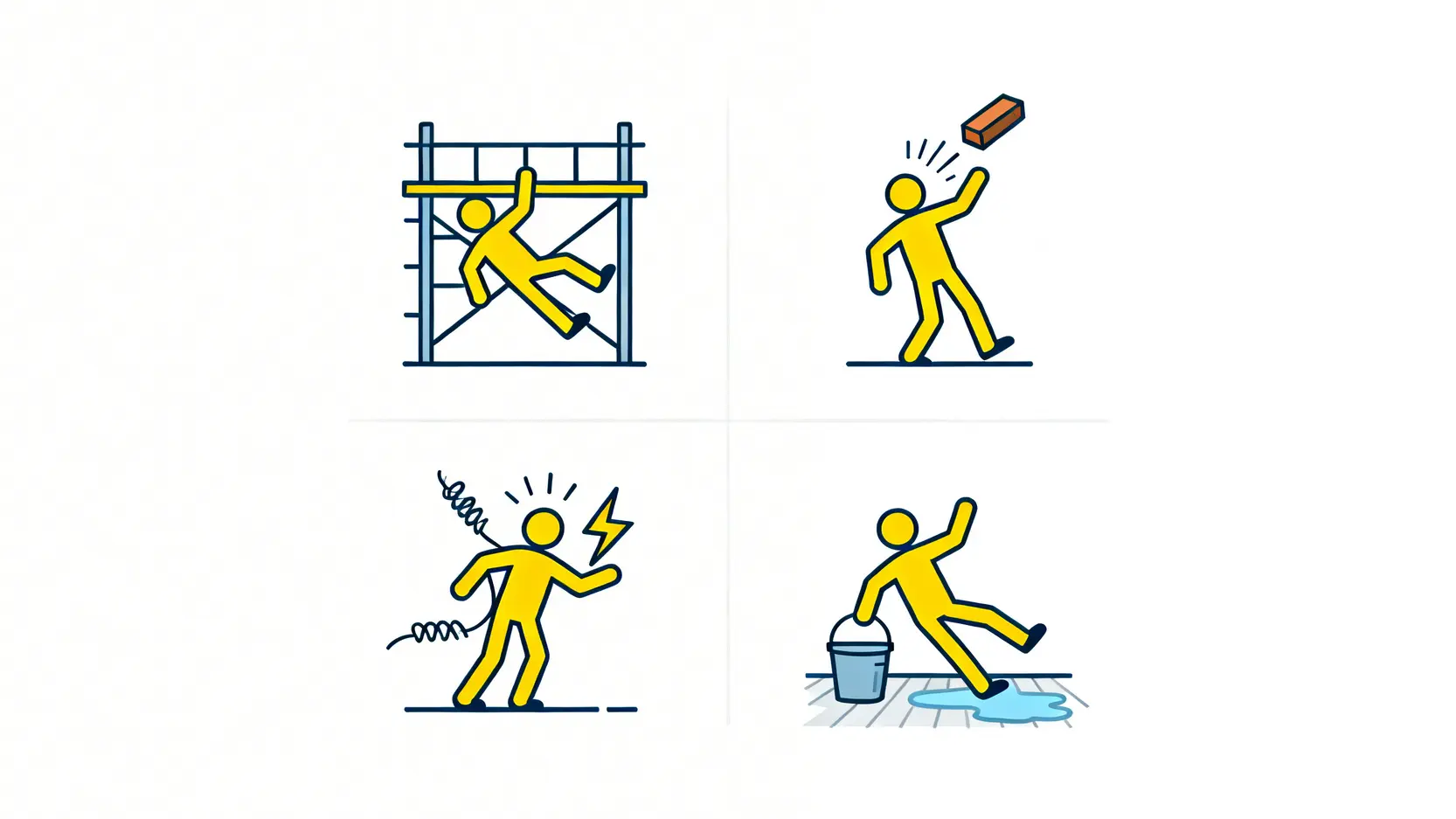 四種常見的建造業工傷意外類型圖示，包括高處墮下、物件撞擊、觸電及滑倒。