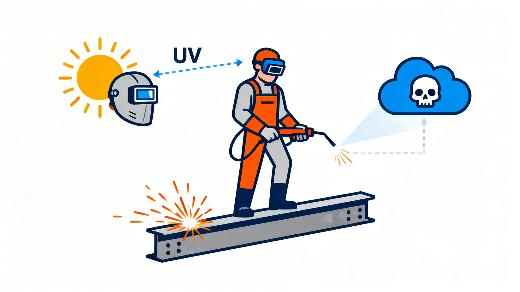 一位燒焊工友被弧光、火花、有毒氣體及高處工作等多種職業危險環繞的示意圖。