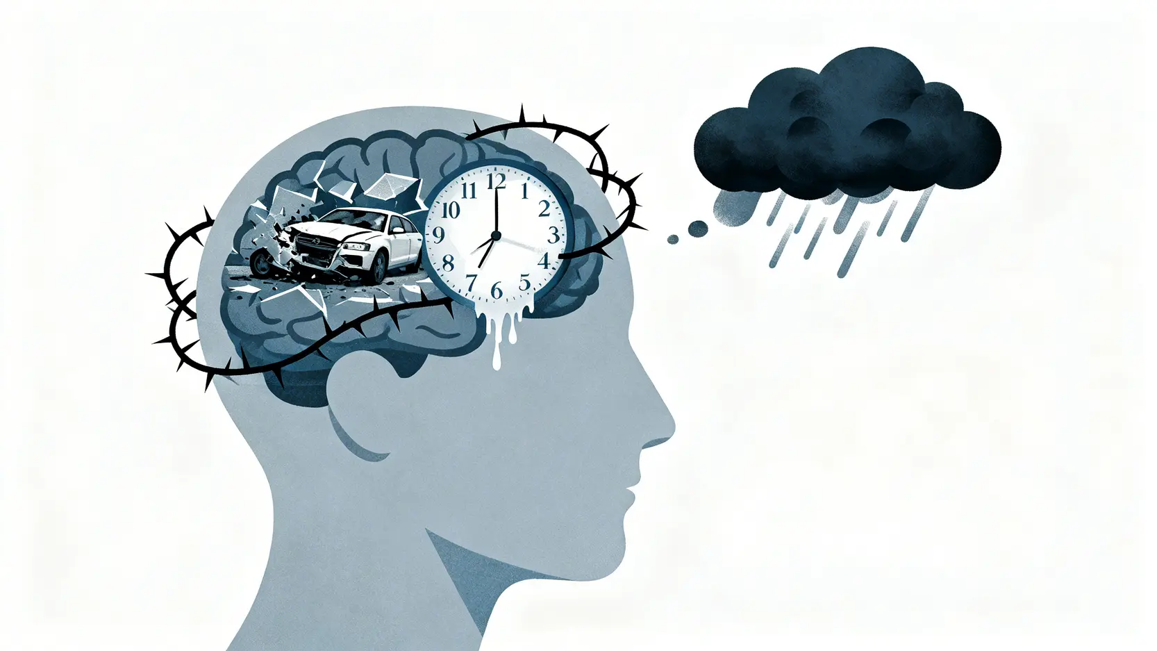 一名男子頭部輪廓圖，內部呈現交通意外後的精神創傷症狀，如閃回、焦慮和睡眠障礙。
