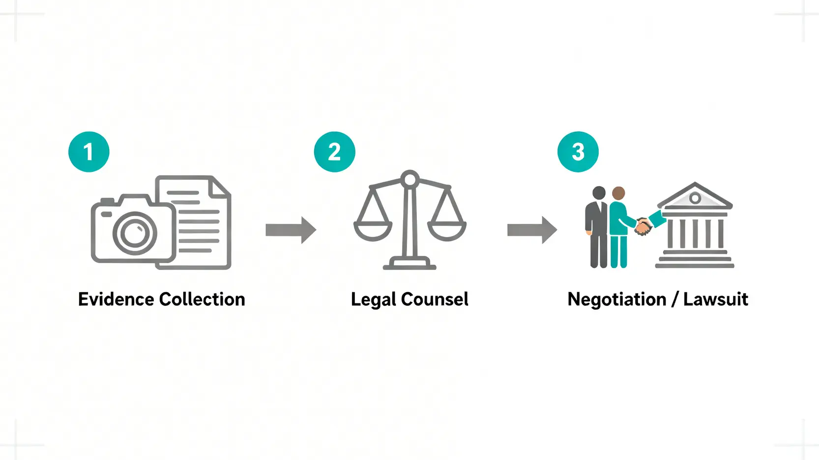 一張顯示交通意外死亡賠償索償流程的 flowchart,包含三個步驟:蒐集證據、尋求法律意見、進行和解談判或入稟法院。