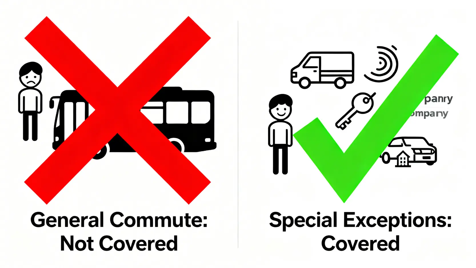 一張圖表對比一般上下班通勤與受保障的特殊情況,左邊顯示一般通勤不受保障,右邊顯示四種例外情況則受保障。
