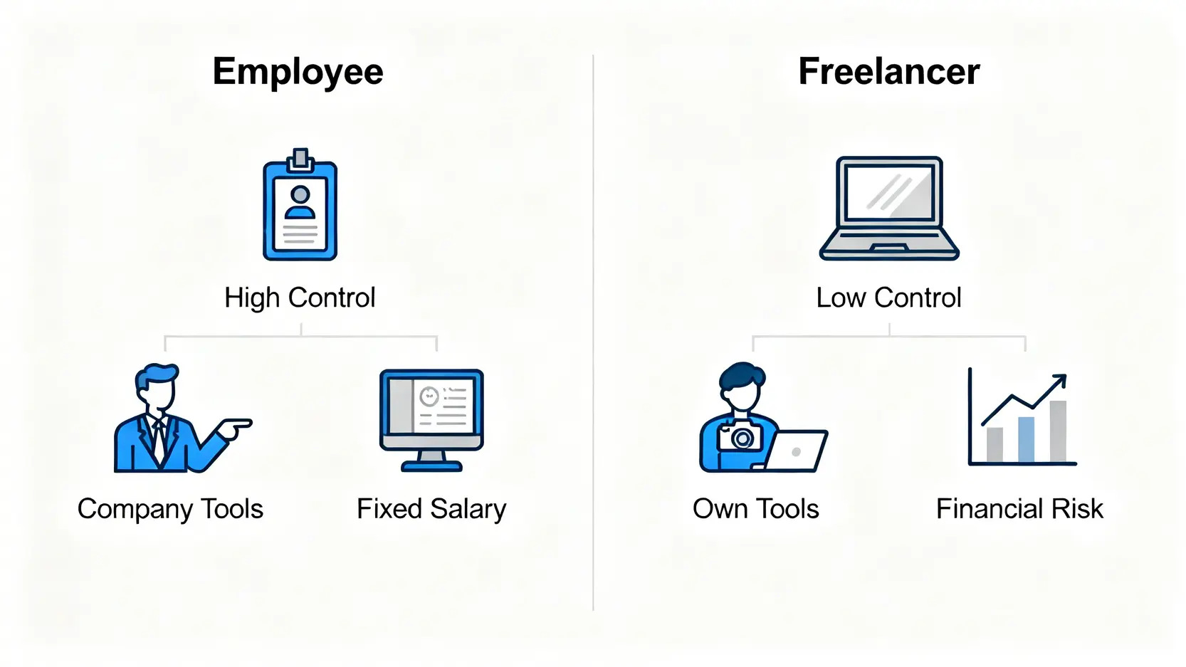 一張圖表對比兼職員工與自由工作者在法律定義上的三大區別:控制權、工具提供及財務風險。