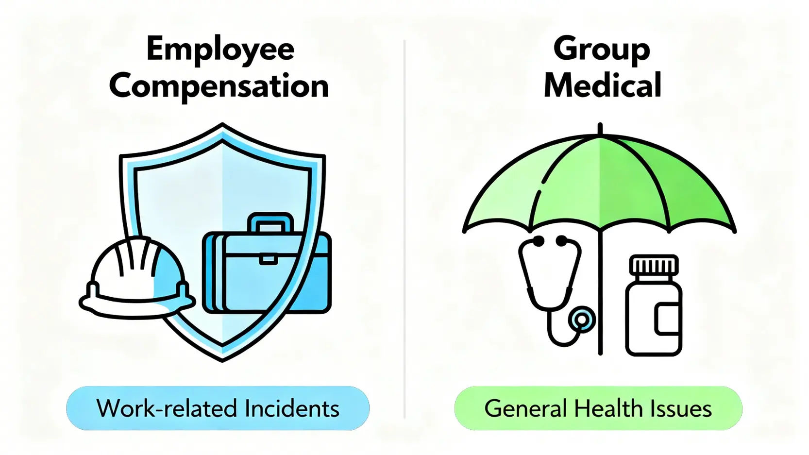 【勞保懶人包】僱員補償保險買錯超大鑊!一文睇清勞工保險保障範圍、工傷賠償項目及索償流程 3 一張對比圖,清晰展示勞工保險與公司團體醫療保險的分別:勞保專注於工傷意外,而團體醫療則保障一般健康問題。
