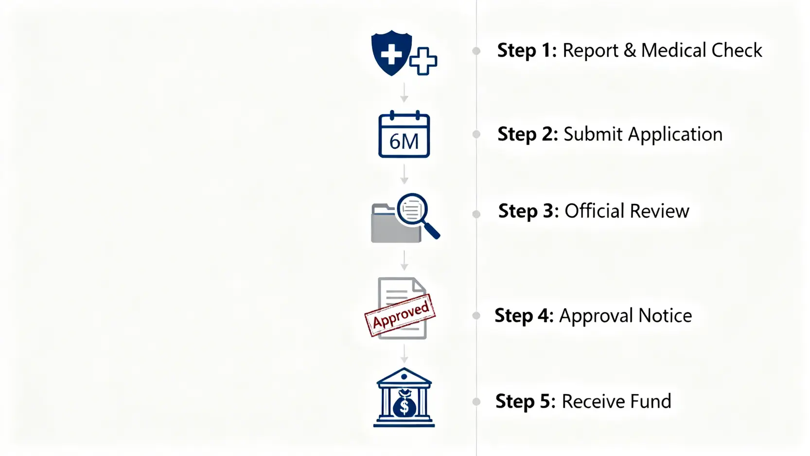 TAVAS交通意外傷亡援助金申請流程圖，包含報警求醫、遞交申請、審批、領取援助金等五個步驟。