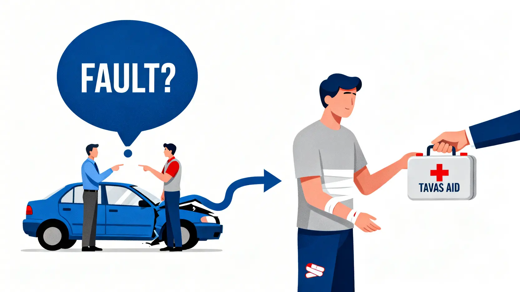一張圖表解釋交通意外傷亡援助計劃(TAVAS)的「不論過失」原則，顯示援助金的發放與意外責任歸屬無關。