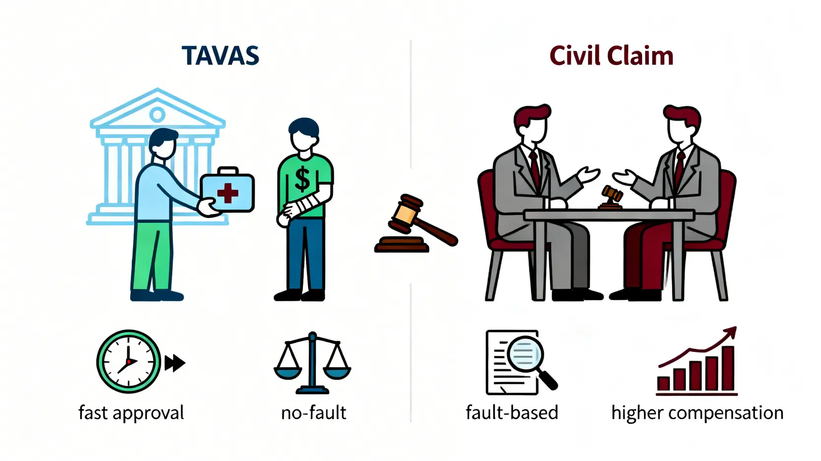 交通意外傷亡援助計劃TAVAS與民事索償的對比圖,展示了兩者在原則、目的和時間上的主要分別。