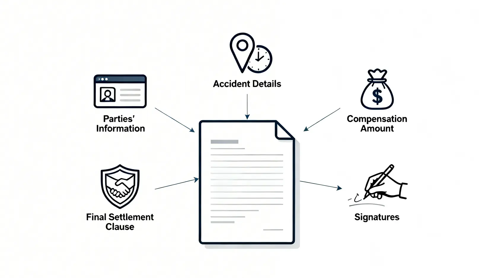 交通意外賠償協議書點簽至啱?5大必備條款+範本(私了前必讀) 4 一張信息圖,展示了交通意外和解書必須包含的五個核心條款:雙方資料、意外詳情、賠償金額、互不追究條款和雙方簽署。