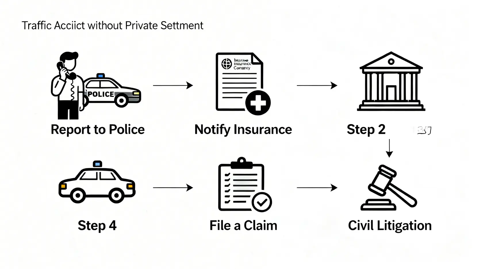 交通意外賠償協議書點簽至啱?5大必備條款+範本(私了前必讀) 5 一張流程圖,說明不簽署和解協議書後的四個法律步驟:報警、通知保險公司、提出索償、以及最終的民事訴訟。